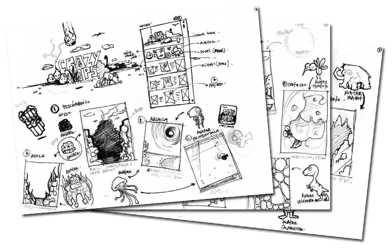 Bocetos iniciales y prototipos de Crazy Drops, el juego móvil