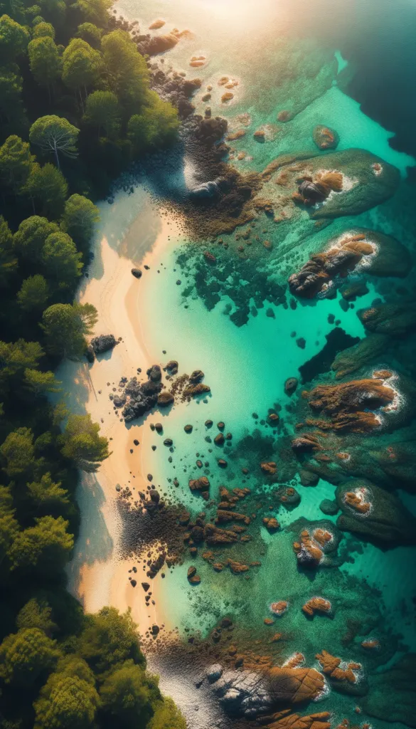 Playa rocosa con vegetación vista aérea