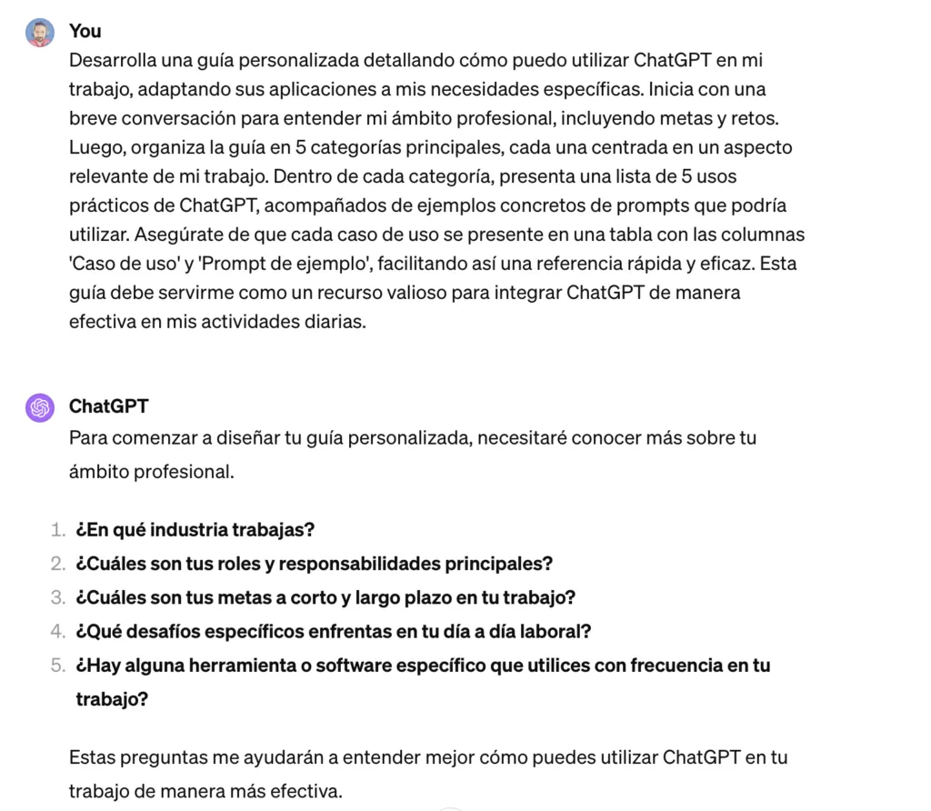 Interface de ChatGPT para prompts