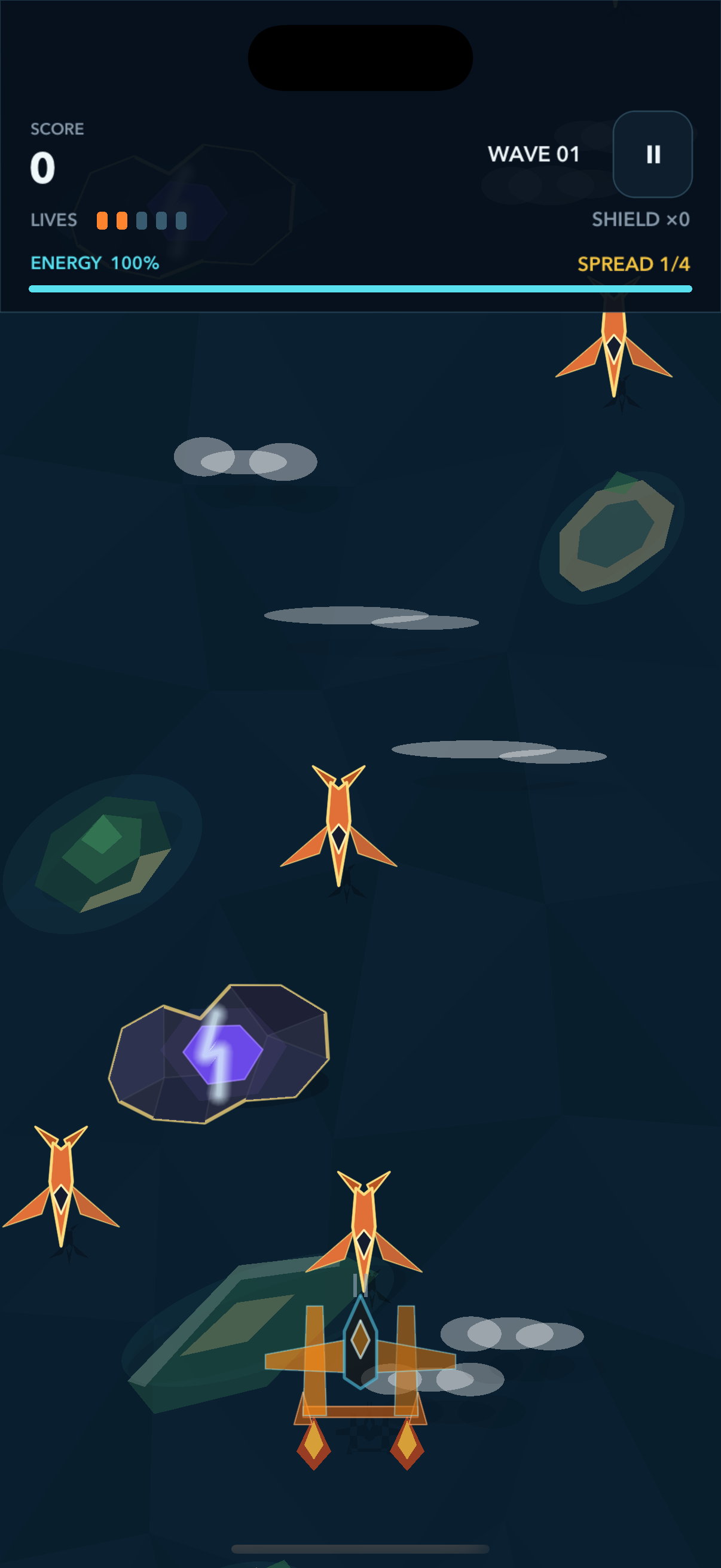 Partida de Vectro Raising con aviones geométricos sobre un paisaje oscuro